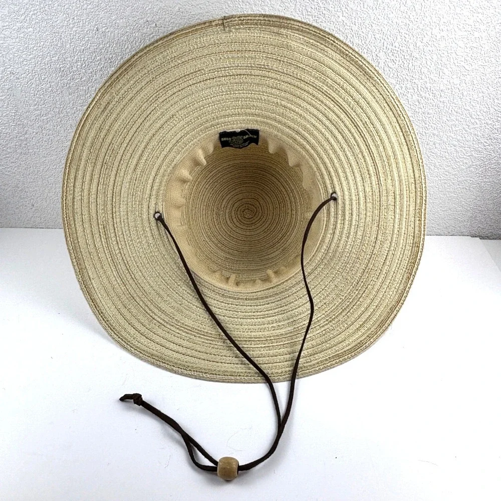 Shoe Shack Sun Hat Womens OS Beige Wide Brim Woven Straw Chin Strap Beach Summer